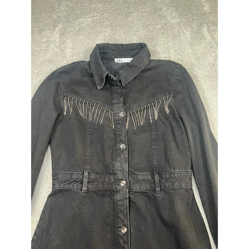 Zara Black Denim Mini Dress Rhinestone Fringe Western Cowgirl Button Front M
